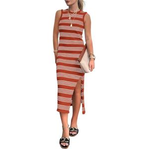 PRETTYGARDEN Summer Dresses for Women 2026 Casual Sleeveless Hollow Out Knit Side Slit Striped Beach Vacation Midi Dress(Rust Red)