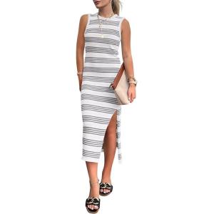 PRETTYGARDEN Summer Dresses for Women 2026 Casual Sleeveless Hollow Out Knit Side Slit Striped Beach Vacation Midi Dress(Striped White Grey)
