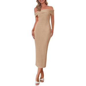 PRETTYGARDEN Summer Dresses for Women Formal Off The Shoulder Midi Bodycon Ribbed Knit Spring Wedding Guest Dress(Khaki)