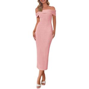PRETTYGARDEN Summer Dresses for Women Formal Off The Shoulder Midi Bodycon Ribbed Knit Spring Wedding Guest Dress(Pink)