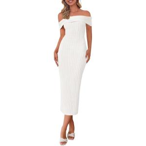 PRETTYGARDEN Summer Dresses for Women Formal Off The Shoulder Midi Bodycon Ribbed Knit Spring Wedding Guest Dress(White)