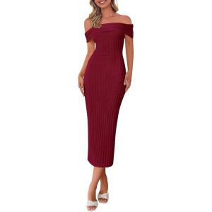 PRETTYGARDEN Summer Dresses for Women Formal Off The Shoulder Midi Bodycon Ribbed Knit Spring Wedding Guest Dress(Wine Red)