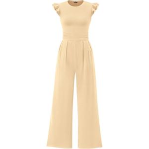 PRETTYGARDEN Summer Jumpsuits for Women Dressy 2026 Fashion Ruffle Cap Sleeve Romper Crew Neck Rib Knit One Piece Outfits(Apricot)