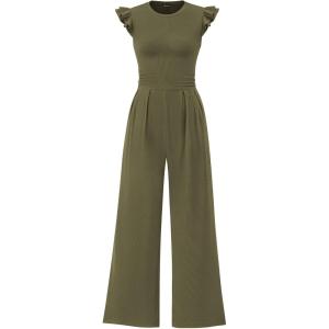 PRETTYGARDEN Summer Jumpsuits for Women Dressy 2026 Fashion Ruffle Cap Sleeve Romper Crew Neck Rib Knit One Piece Outfits(Army Green)