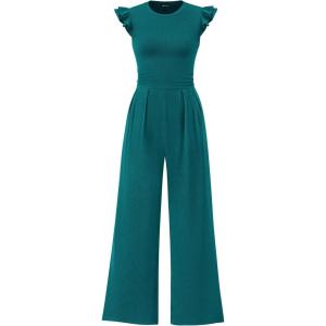 PRETTYGARDEN Summer Jumpsuits for Women Dressy 2026 Fashion Ruffle Cap Sleeve Romper Crew Neck Rib Knit One Piece Outfits(Blue Green)