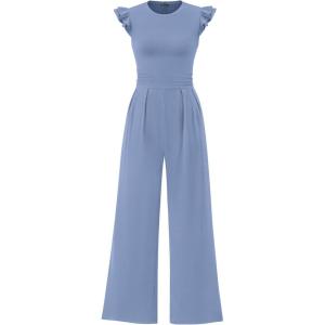 PRETTYGARDEN Summer Jumpsuits for Women Dressy 2026 Fashion Ruffle Cap Sleeve Romper Crew Neck Rib Knit One Piece Outfits(Blue Grey)