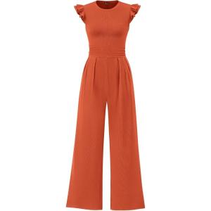 PRETTYGARDEN Summer Jumpsuits for Women Dressy 2026 Fashion Ruffle Cap Sleeve Romper Crew Neck Rib Knit One Piece Outfits(Brick Red)