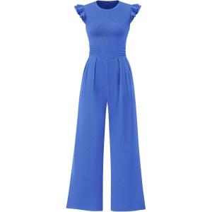 PRETTYGARDEN Summer Jumpsuits for Women Dressy 2026 Fashion Ruffle Cap Sleeve Romper Crew Neck Rib Knit One Piece Outfits(Brilliant Blue)