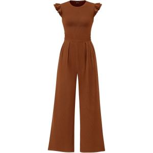 PRETTYGARDEN Summer Jumpsuits for Women Dressy 2026 Fashion Ruffle Cap Sleeve Romper Crew Neck Rib Knit One Piece Outfits(Coffee)