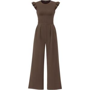 PRETTYGARDEN Summer Jumpsuits for Women Dressy 2026 Fashion Ruffle Cap Sleeve Romper Crew Neck Rib Knit One Piece Outfits(Dark Brown)