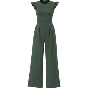 PRETTYGARDEN Summer Jumpsuits for Women Dressy 2026 Fashion Ruffle Cap Sleeve Romper Crew Neck Rib Knit One Piece Outfits(Dark Green)