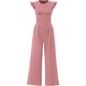 PRETTYGARDEN Summer Jumpsuits for Women Dressy 2026 Fashion Ruffle Cap Sleeve Romper Crew Neck Rib Knit One Piece Outfits(Dusty Pink)