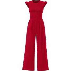 PRETTYGARDEN Summer Jumpsuits for Women Dressy 2026 Fashion Ruffle Cap Sleeve Romper Crew Neck Rib Knit One Piece Outfits(Fiery Red)
