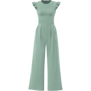 PRETTYGARDEN Summer Jumpsuits for Women Dressy 2026 Fashion Ruffle Cap Sleeve Romper Crew Neck Rib Knit One Piece Outfits(Fruit Green)