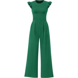 PRETTYGARDEN Summer Jumpsuits for Women Dressy 2026 Fashion Ruffle Cap Sleeve Romper Crew Neck Rib Knit One Piece Outfits(Green)