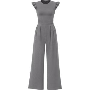 PRETTYGARDEN Summer Jumpsuits for Women Dressy 2026 Fashion Ruffle Cap Sleeve Romper Crew Neck Rib Knit One Piece Outfits(Grey)