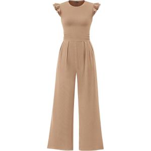 PRETTYGARDEN Summer Jumpsuits for Women Dressy 2026 Fashion Ruffle Cap Sleeve Romper Crew Neck Rib Knit One Piece Outfits(Khaki)