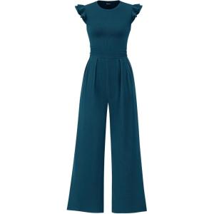 PRETTYGARDEN Summer Jumpsuits for Women Dressy 2026 Fashion Ruffle Cap Sleeve Romper Crew Neck Rib Knit One Piece Outfits(Lake Blue)