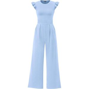 PRETTYGARDEN Summer Jumpsuits for Women Dressy 2026 Fashion Ruffle Cap Sleeve Romper Crew Neck Rib Knit One Piece Outfits(Light Blue)