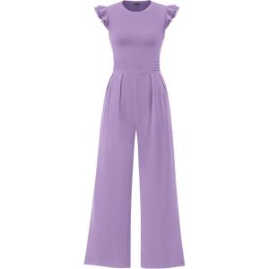 PRETTYGARDEN Summer Jumpsuits for Women Dressy 2026 Fashion Ruffle Cap Sleeve Romper Crew Neck Rib Knit One Piece Outfits(Light Purple)