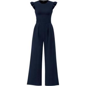 PRETTYGARDEN Summer Jumpsuits for Women Dressy 2026 Fashion Ruffle Cap Sleeve Romper Crew Neck Rib Knit One Piece Outfits(Navy)