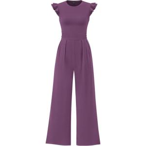 PRETTYGARDEN Summer Jumpsuits for Women Dressy 2026 Fashion Ruffle Cap Sleeve Romper Crew Neck Rib Knit One Piece Outfits(Purple Grey)
