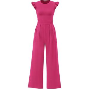 PRETTYGARDEN Summer Jumpsuits for Women Dressy 2026 Fashion Ruffle Cap Sleeve Romper Crew Neck Rib Knit One Piece Outfits(Rose Red)