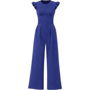 PRETTYGARDEN Summer Jumpsuits for Women Dressy 2026 Fashion Ruffle Cap Sleeve Romper Crew Neck Rib Knit One Piece Outfits(Royal Blue)