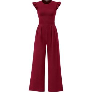 PRETTYGARDEN Summer Jumpsuits for Women Dressy 2026 Fashion Ruffle Cap Sleeve Romper Crew Neck Rib Knit One Piece Outfits(Wine Red)