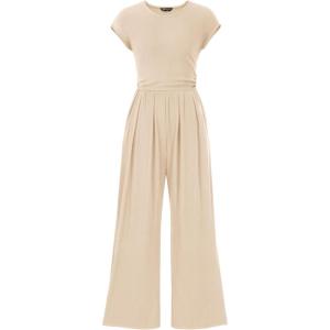 PRETTYGARDEN Summer Jumpsuits for Women Dressy 2026 Ribbed Cap Sleeve Wide Leg Pants Rompers Elegant Casual One Piece Outfits(Apricot)