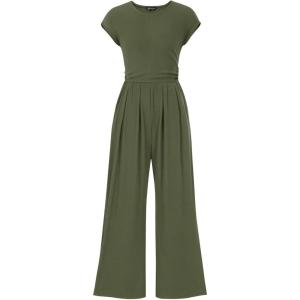 PRETTYGARDEN Summer Jumpsuits for Women Dressy 2026 Ribbed Cap Sleeve Wide Leg Pants Rompers Elegant Casual One Piece Outfits(Army Green)