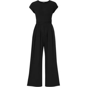 PRETTYGARDEN Summer Jumpsuits for Women Dressy 2026 Ribbed Cap Sleeve Wide Leg Pants Rompers Elegant Casual One Piece Outfits(Black)