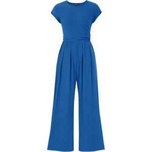 PRETTYGARDEN Summer Jumpsuits for Women Dressy 2026 Ribbed Cap Sleeve Wide Leg Pants Rompers Elegant Casual One Piece Outfits(Blue)