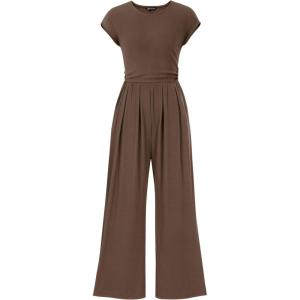 PRETTYGARDEN Summer Jumpsuits for Women Dressy 2026 Ribbed Cap Sleeve Wide Leg Pants Rompers Elegant Casual One Piece Outfits(Coffee)