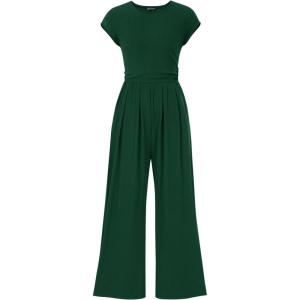 PRETTYGARDEN Summer Jumpsuits for Women Dressy 2026 Ribbed Cap Sleeve Wide Leg Pants Rompers Elegant Casual One Piece Outfits(Dark Green)