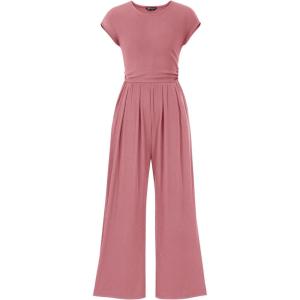 PRETTYGARDEN Summer Jumpsuits for Women Dressy 2026 Ribbed Cap Sleeve Wide Leg Pants Rompers Elegant Casual One Piece Outfits(Dusty Pink)