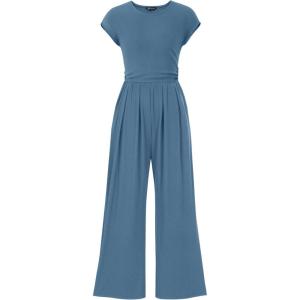 PRETTYGARDEN Summer Jumpsuits for Women Dressy 2026 Ribbed Cap Sleeve Wide Leg Pants Rompers Elegant Casual One Piece Outfits(Grey Blue)