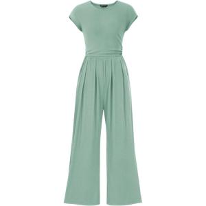 PRETTYGARDEN Summer Jumpsuits for Women Dressy 2026 Ribbed Cap Sleeve Wide Leg Pants Rompers Elegant Casual One Piece Outfits(Grey Green)
