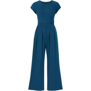 PRETTYGARDEN Summer Jumpsuits for Women Dressy 2026 Ribbed Cap Sleeve Wide Leg Pants Rompers Elegant Casual One Piece Outfits(Lake Blue)