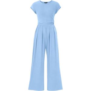 PRETTYGARDEN Summer Jumpsuits for Women Dressy 2026 Ribbed Cap Sleeve Wide Leg Pants Rompers Elegant Casual One Piece Outfits(Light Blue)