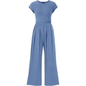 PRETTYGARDEN Summer Jumpsuits for Women Dressy 2026 Ribbed Cap Sleeve Wide Leg Pants Rompers Elegant Casual One Piece Outfits(Light Grey Blue)