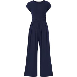 PRETTYGARDEN Summer Jumpsuits for Women Dressy 2026 Ribbed Cap Sleeve Wide Leg Pants Rompers Elegant Casual One Piece Outfits(Navy)