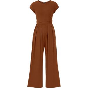 PRETTYGARDEN Summer Jumpsuits for Women Dressy 2026 Ribbed Cap Sleeve Wide Leg Pants Rompers Elegant Casual One Piece Outfits(Red Brown)