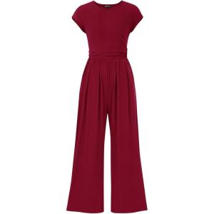 PRETTYGARDEN Summer Jumpsuits for Women Dressy 2026 Ribbed Cap Sleeve Wide Leg Pants Rompers Elegant Casual One Piece Outfits(Wine Red)