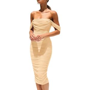 PRETTYGARDEN Summer Off The Shoulder Ruched Bodycon Dresses Sleeveless Sexy Party Club Midi Dress(Apricot)
