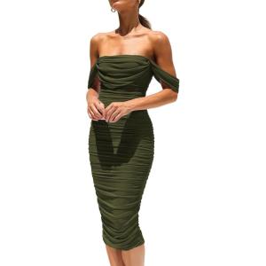PRETTYGARDEN Summer Off The Shoulder Ruched Bodycon Dresses Sleeveless Sexy Party Club Midi Dress(Army Green)