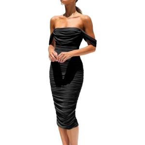 PRETTYGARDEN Summer Off The Shoulder Ruched Bodycon Dresses Sleeveless Sexy Party Club Midi Dress(Black)