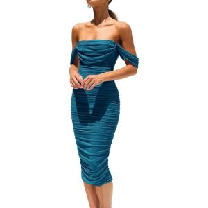 PRETTYGARDEN Summer Off The Shoulder Ruched Bodycon Dresses Sleeveless Sexy Party Club Midi Dress(Lake Blue)