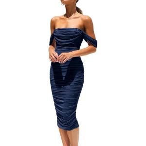 PRETTYGARDEN Summer Off The Shoulder Ruched Bodycon Dresses Sleeveless Sexy Party Club Midi Dress(Navy)