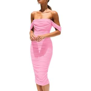 PRETTYGARDEN Summer Off The Shoulder Ruched Bodycon Dresses Sleeveless Sexy Party Club Midi Dress(Pink)